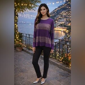 VINCE CAMUTO Metallic Silver & Plum Stripe Long Sleeves Hi/Low Hem Top (XS) NWT